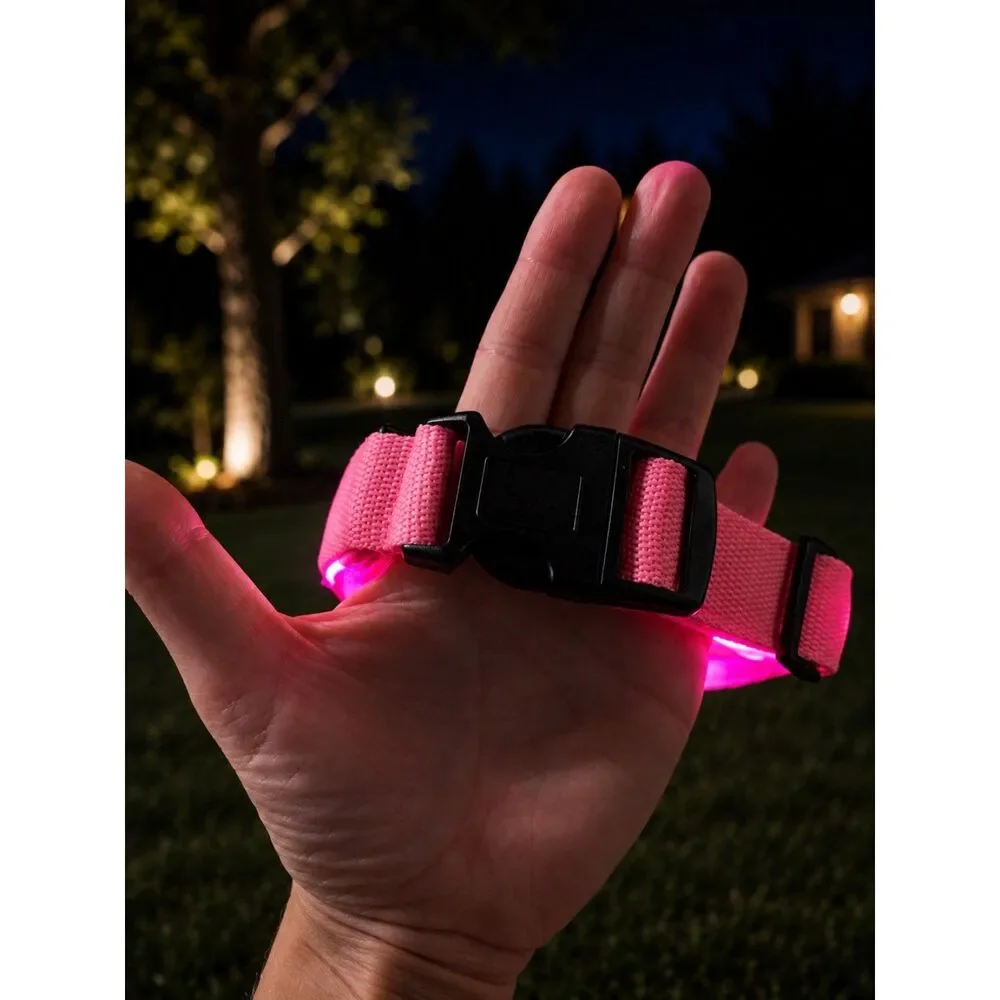 Pink LED Dog Collar XL Light Up Flashing Night Safety Collar